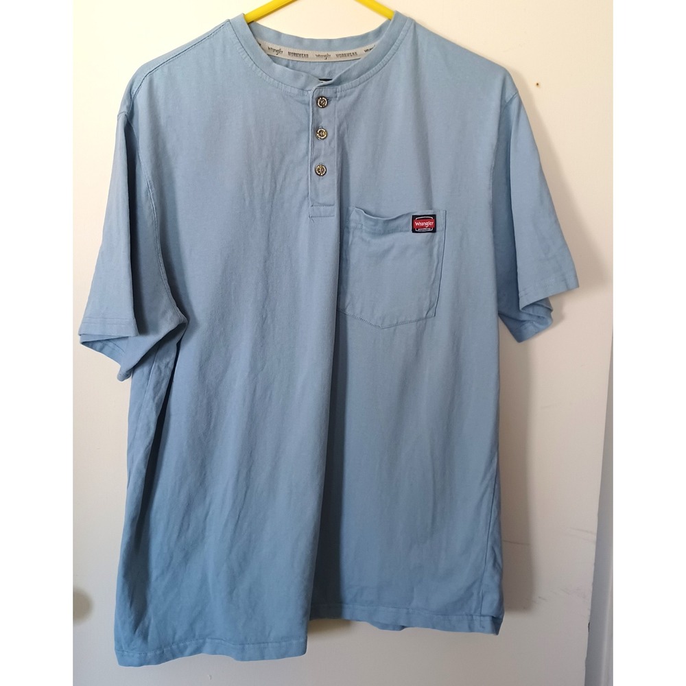 Wrangler Workwear Mens XL Henley T-Shirt Light Blue Rugged Outdoors Gorpcore